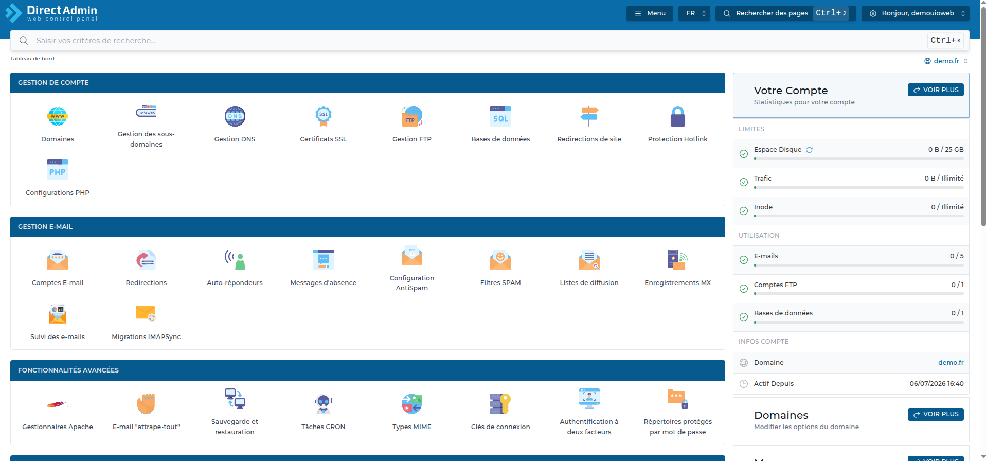 La page d'accueil du panneau une fois connecté.