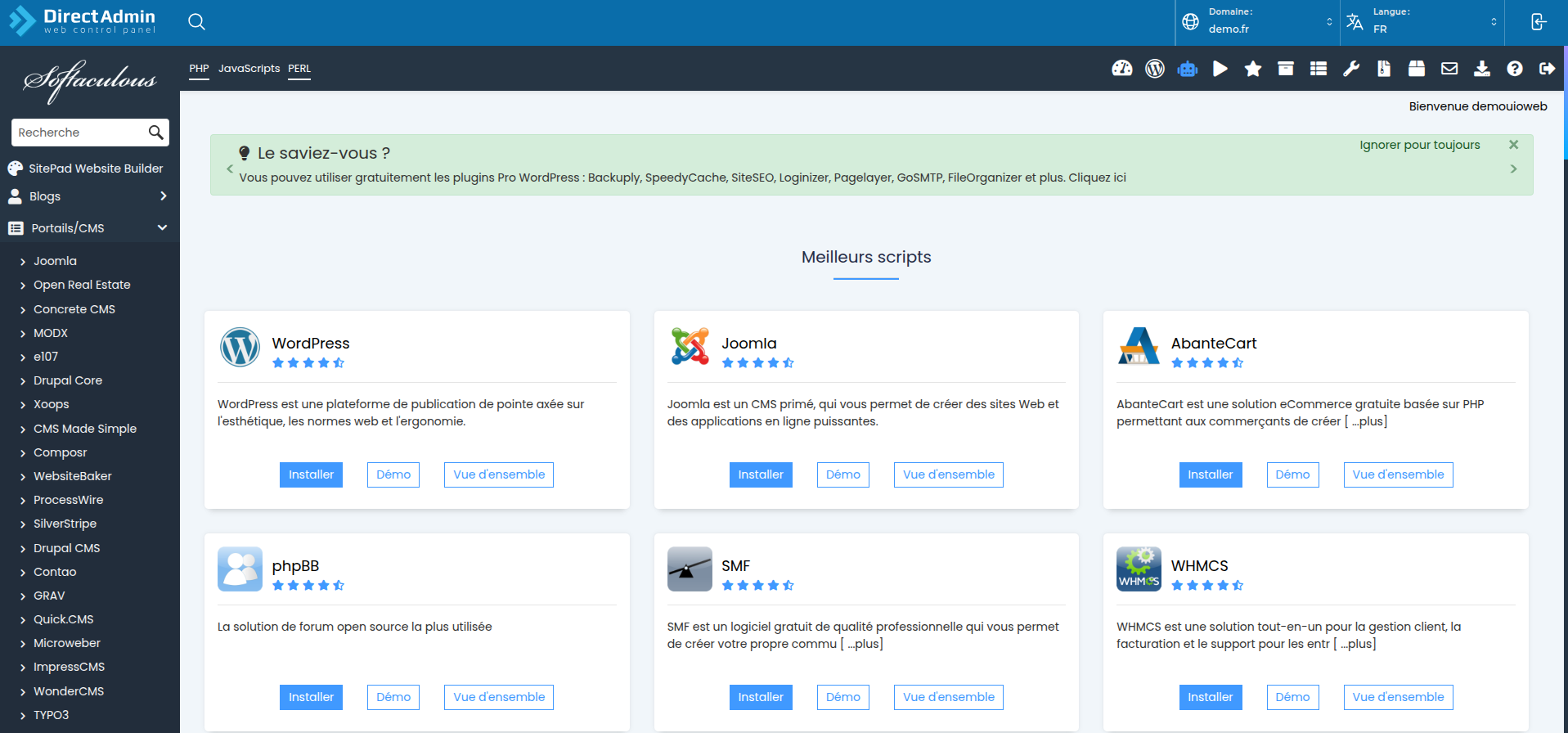 La fiche WordPress avec le bouton d'installation.