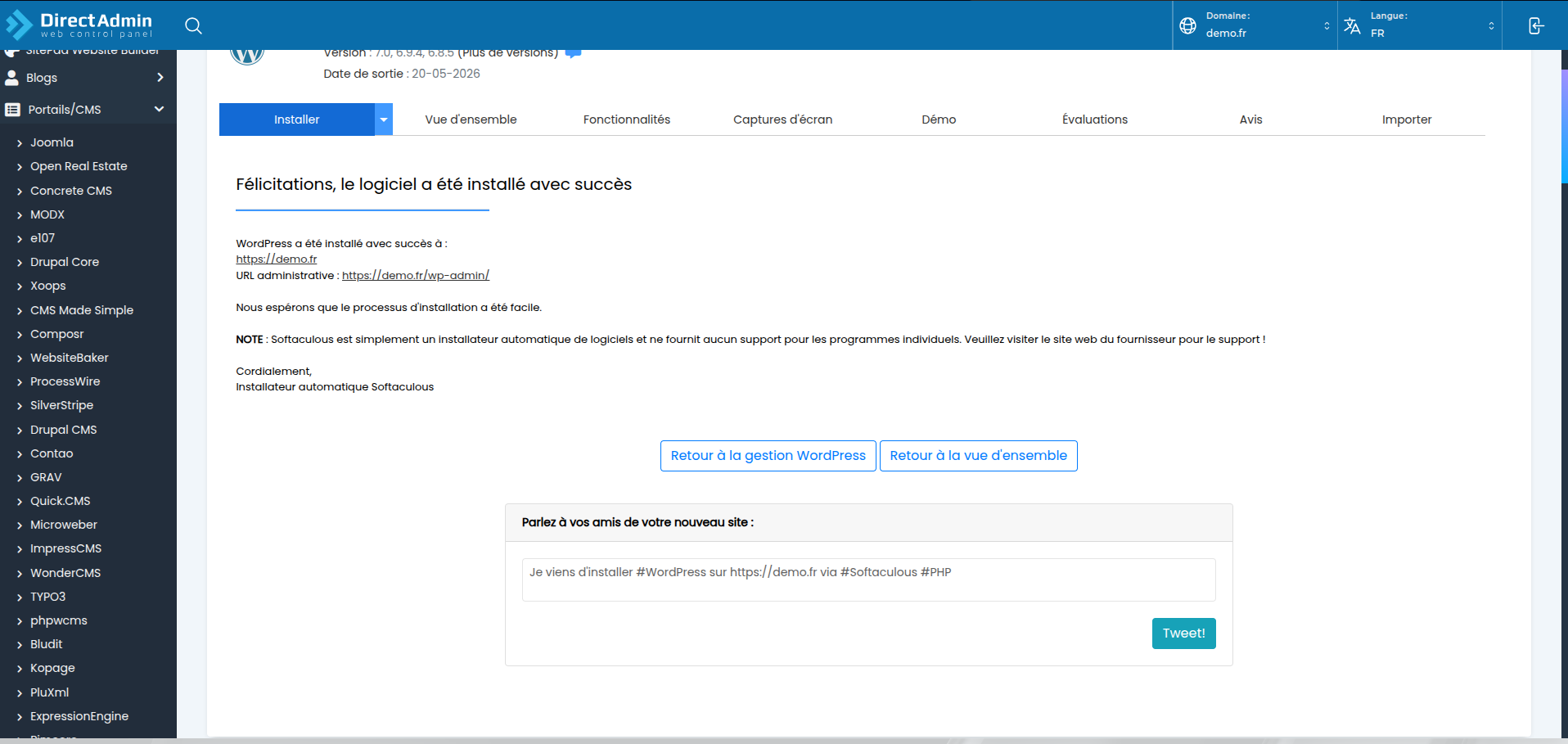 L'écran de fin d'installation avec les liens du site.