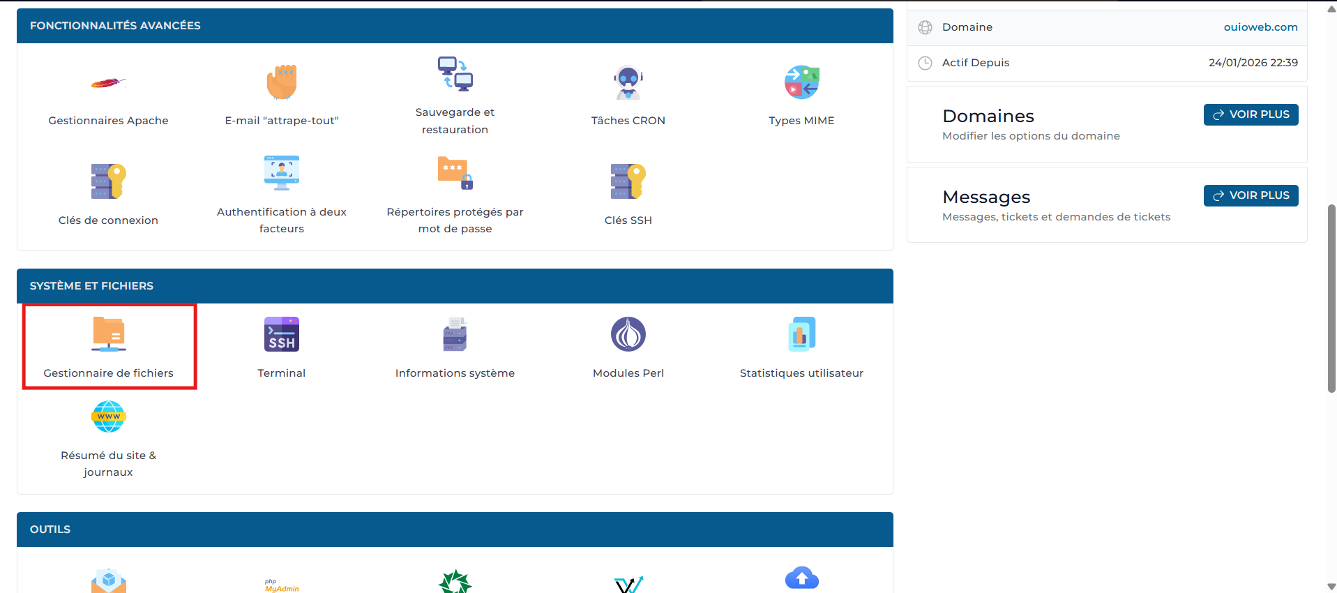 Le gestionnaire de fichiers ouvert sur public_html.